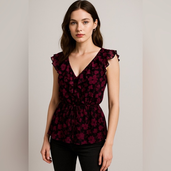 Express Tops - Vtg Y2K Express Sheer Floral Ruffle Top M Dark Romantic Goth Fairy Coquette